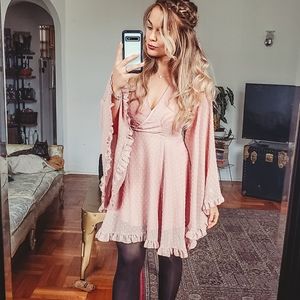 Boohoo Pink Bell Sleeve Fairy Skater Mini Dress